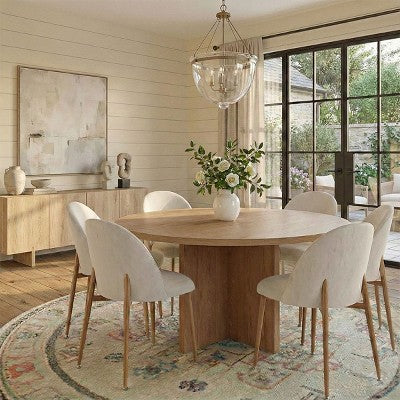 Japandi Round Dining Table Set For 6, Cross Base Pedestal Table With Upholstered Dining Chairs, Rustic Farmhouse 7-Piece Dining Set-Panipeachy