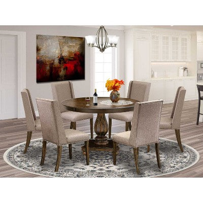 HomeStock 7-Piece Distressed Jacobean Finish Solid Wood Top Dining Table with 6 Parson Chairs
