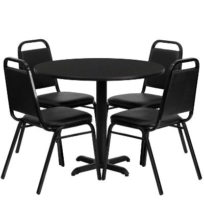 Emma and Oliver 36 Round Laminate X-Base Table Set with 4 Banquet Chairs