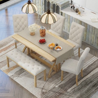 Farmhouse Dining Set for 4, Rectangular Kitchen Table Set with 4 Upholstered Chairs and Bench