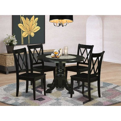 HomeStock 5-Piece Round Black Finish Solid Wood Top Dining table with 4-Chairs