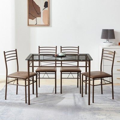 VECELO 5 Piece Dining Table Set with Glass Top Table & 4 Upholstered Chairs, Kitchen Rectangular Table Set Brown/Black