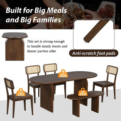 GDFStudio Tom 6 Piece Solid Wood and PE Rattan Dining Set with 71 Double Pedestal Table