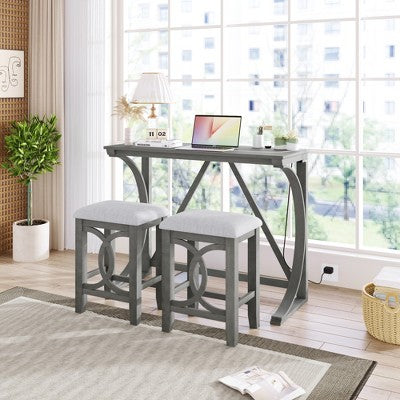 Farmhouse 3 Piece Counter Height Dining Table Set for 2, Wood Console Bar Table with USB Port and Upholstered Stools for Small Space
