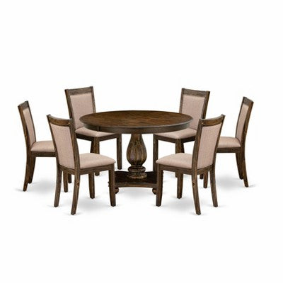HomeStock 7 Piece Round Dining Set Dark Khaki Linen Fabric Chairs