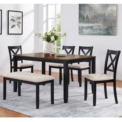 GDFStudio Callan Farmhouse Wood Upholstered 6 Piece Dining Set with Bench
