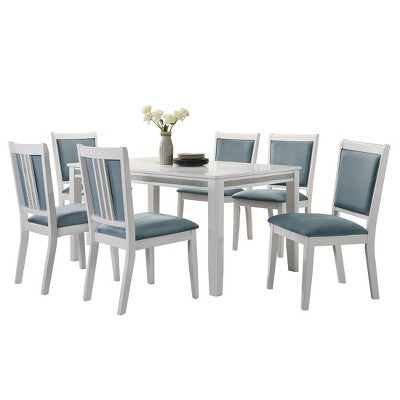 ChaletPosh 7 Pieces Dining Set in White with Light Blue Velvet Cover Dining Chair