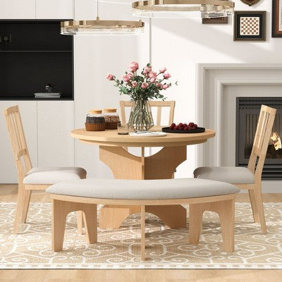 5-piece Rustic Charm Round Dining Set with 3 Upholstered Chairs and Curved Bench for Dining Room, Kitchen and Living room-ModernLuxe