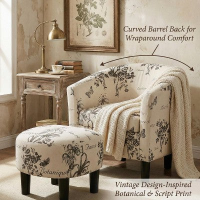 GDFStudio Everett Vintage Script Pattern Fabric Upholstered Barrel Back Accent Lounge Chair with Ottoman