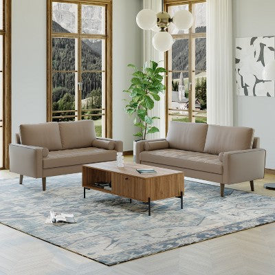 Luige 2 Piece Mid-Century Modern Square Arm Faux Leather Sofa and Loveseat Set - Tree City