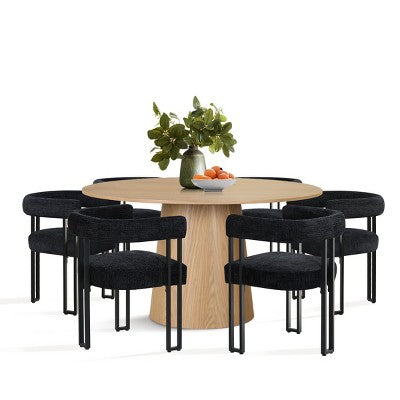 7-Piece Round Dining Table Set with 6 Upholstered Chenille Chairs, 52 Modern Pedestal Table with Metal Leg Dining Chairs for Kitchen-Panipeachy