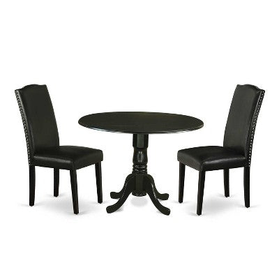 HomeStock 3-Piece Round Black Finish Solid Wood Top Dining Table with 2 Parson Chairs with Drop Leaf