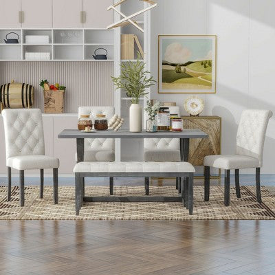 Farmhouse Dining Set for 4, Rectangular Kitchen Table Set with 4 Upholstered Chairs and Bench
