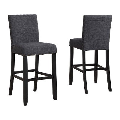 Biony 3-Piece 36 Round Espresso Finish Bar Table with 2 Gray Fabric Nail Head Pub Chairs