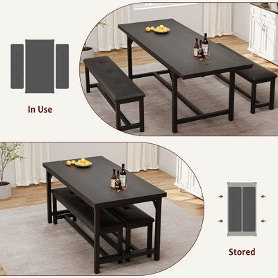 Dining Table Set for 4-6, Large Extendable Wooden Kitchen Table Set for 6, Rectangle Kitchen Table Set with 2 Upholstered Benches