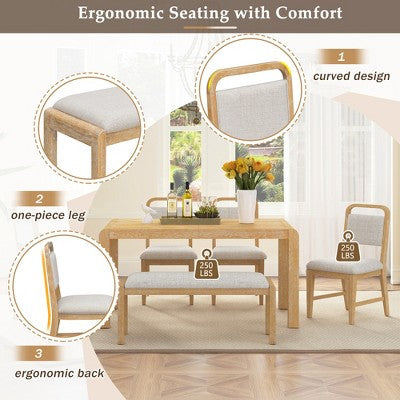 6-Piece Extendable Dining Set with 4 Upholstered Chairs & Bench, 60-72 Mid-Century Modern Kitchen Table with Curved Legs - ModernLuxe