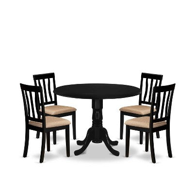 Dining Set - 5 Piece Round Table & 4 Linen Chairs - 42x42 Inch Black Kitchen Set