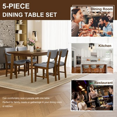 Rustic Wood Dining Table Set for 4, 5 Pieces Rectangular Table Set with Upholstered Chairs for Small Space Kitchen