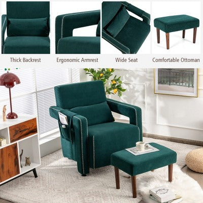 Costway Modern Berber Fleece Single Sofa Chair w/ Ottoman & Waist Pillow Red\Blue\Black\Green\Orange