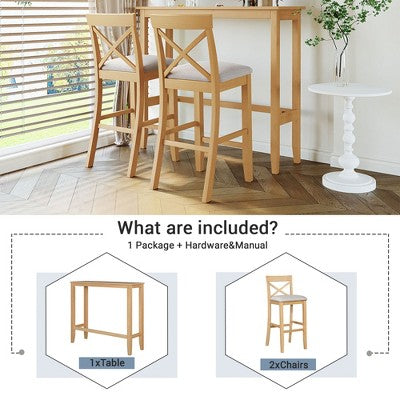 GDFStudio Varo Farmhouse Rectangular Acacia Wood Bar Height Dining Set with Upholstered Chairs