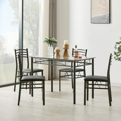 VECELO 5 Piece Dining Table Set with Glass Top Table & 4 Upholstered Chairs, Kitchen Rectangular Table Set Brown/Black