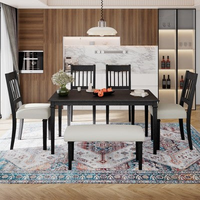 Farmhouse Dining Room Set for 6, 6 Pieces Wooden Rectangular Table and 4 Chairs with Bench for kitchen