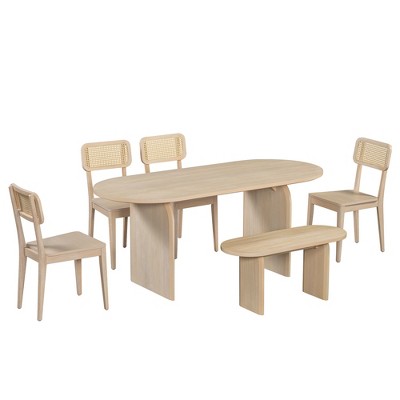GDFStudio Tom 6 Piece Solid Wood and PE Rattan Dining Set with 71 Double Pedestal Table