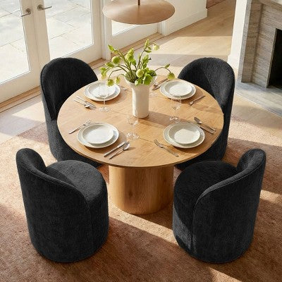 Dining Table Set for 4, Modern Barrel Chair with Wheels and Chenille Upholstery, Round Pedestal Table for Small-Dining Areas-Panipeachy