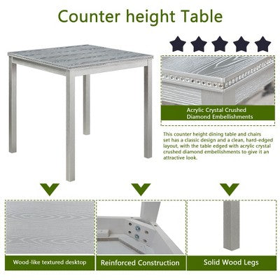 5 Piece Counter Height Table Set with Square Table and 4 Upholstered Chairs, Counter Height Dining Table with Crystal Decoration and Chair Set