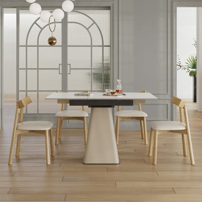 GDFStudio Lin 5 Piece Leather Upholstered Dining Expandable Table Set with 4 Chairs, Sintered Stone Tabletop and Steel Base