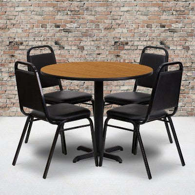 Emma and Oliver 36 Round Laminate X-Base Table Set with 4 Banquet Chairs