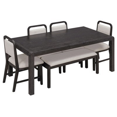 6-Piece Extendable Dining Set with 4 Upholstered Chairs & Bench, 60-72 Mid-Century Modern Kitchen Table with Curved Legs - ModernLuxe