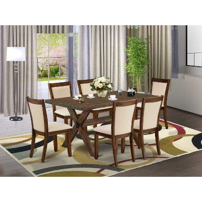 HomeStock 7-Piece Distressed Jacobean Finish Solid Wood Top Dining Table with 6 Parson-Chairs