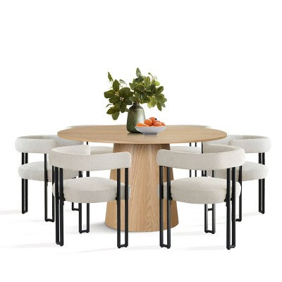 7-Piece Round Dining Table Set with 6 Upholstered Chenille Chairs, 52 Modern Pedestal Table with Metal Leg Dining Chairs for Kitchen-Panipeachy