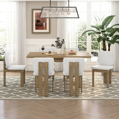 7-Piece Retro Dining Set, 1 Rectangular Table with Designed Trestle Base and 6 Upholstered Chairs - ModernLuxe