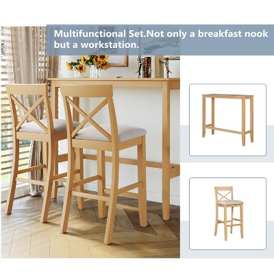 GDFStudio Varo Farmhouse Rectangular Acacia Wood Bar Height Dining Set with Upholstered Chairs