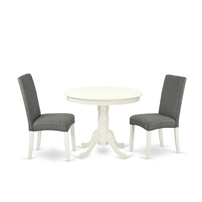 Round Dining Table Set 36 Inch - 3Pc Table & 2 Parsons Chairs - Linen White Legs - Gray Fabric