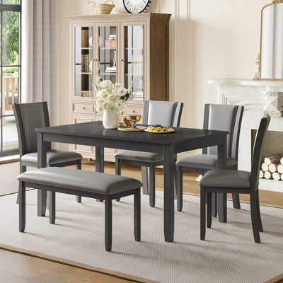 GDFStudio Maeve Rustic 6 Piece Rubberwood Upholstered Dining Set