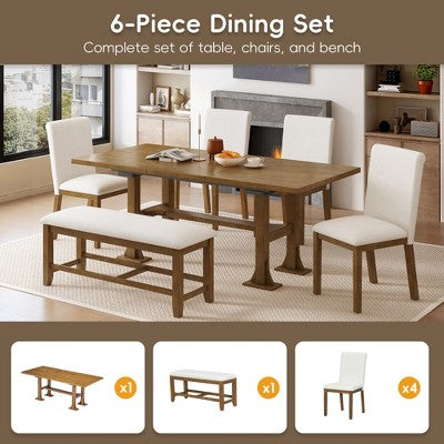 6 Pieces Dining Table Set with Bench for 6, Kitchen Table Set with Storage Drawer and 4 Upholstered Dining Chairs