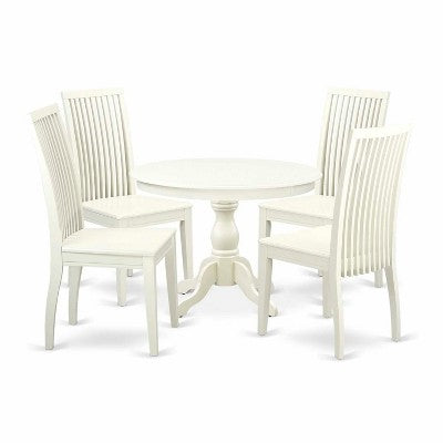 HomeStock 5-Piece Linen White Finish Solid Wood Top Dining table with 4 Chairs with Slat Back
