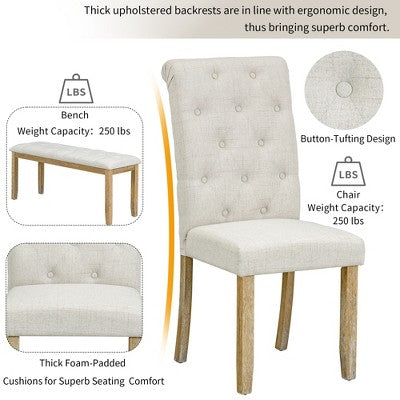Farmhouse Dining Set for 4, Rectangular Kitchen Table Set with 4 Upholstered Chairs and Bench