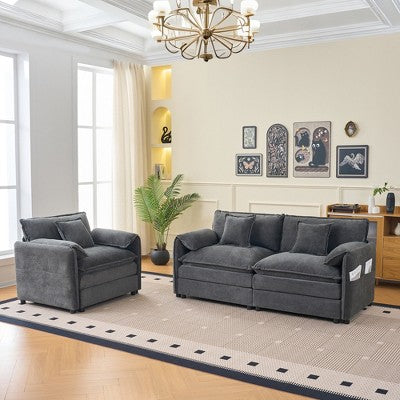 GDFStudio Jorah Modular 2 Piece Chenille Upholstered Sofa Set with 3 Pillows and Storage Pockets