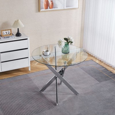5-Piece Mid-Century Dining Set with Glass Table Top and Metal Legs for 4-6 People, Also Functions as Coffee Table