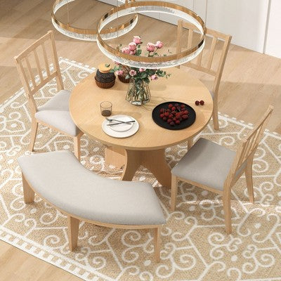 5-piece Rustic Charm Round Dining Set with 3 Upholstered Chairs and Curved Bench for Dining Room, Kitchen and Living room-ModernLuxe