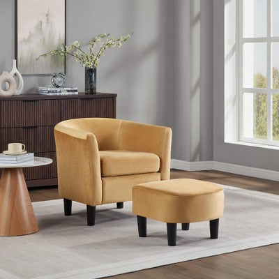Velvet Accent Chair with Ottoman, Modern Barrel Chair Armchair for Living Room, Bedroom