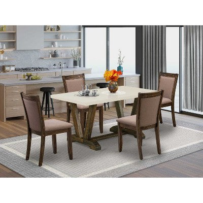 HomeStock 5-Piece Distressed Jacobean Finish Solid Wood Top Dining Table with 4-Parson Chair