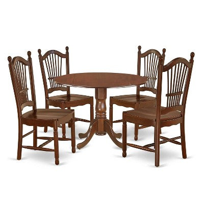 HomeStock 5-Piece Round Mahogany Finish Solid Wood Top Dining Table with 4 Chairs with Drop Leaf