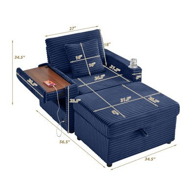 GDFStudio Tenley Modern Chenille Accent Chair with Storage Ottoman, Cup Holder and Convertible Armrest Table