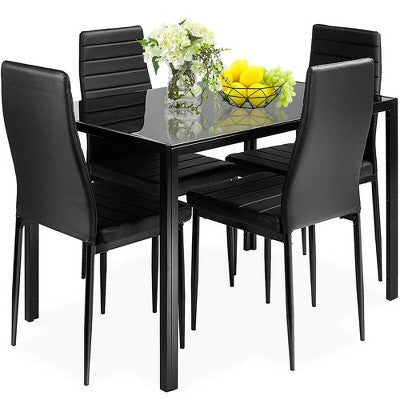 Costway 5 Piece Kitchen Dining Set Glass Metal Table 30 and 4 Chairs Breakfast Furniture Black