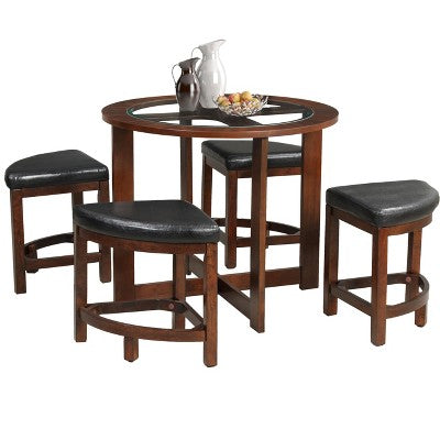 GDFStudio Alden 5 Piece Modern Round Glass Top Dining Set with 4 Triangular Stools